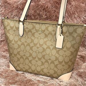 Coach Tan Signature Tote with Leather Trim